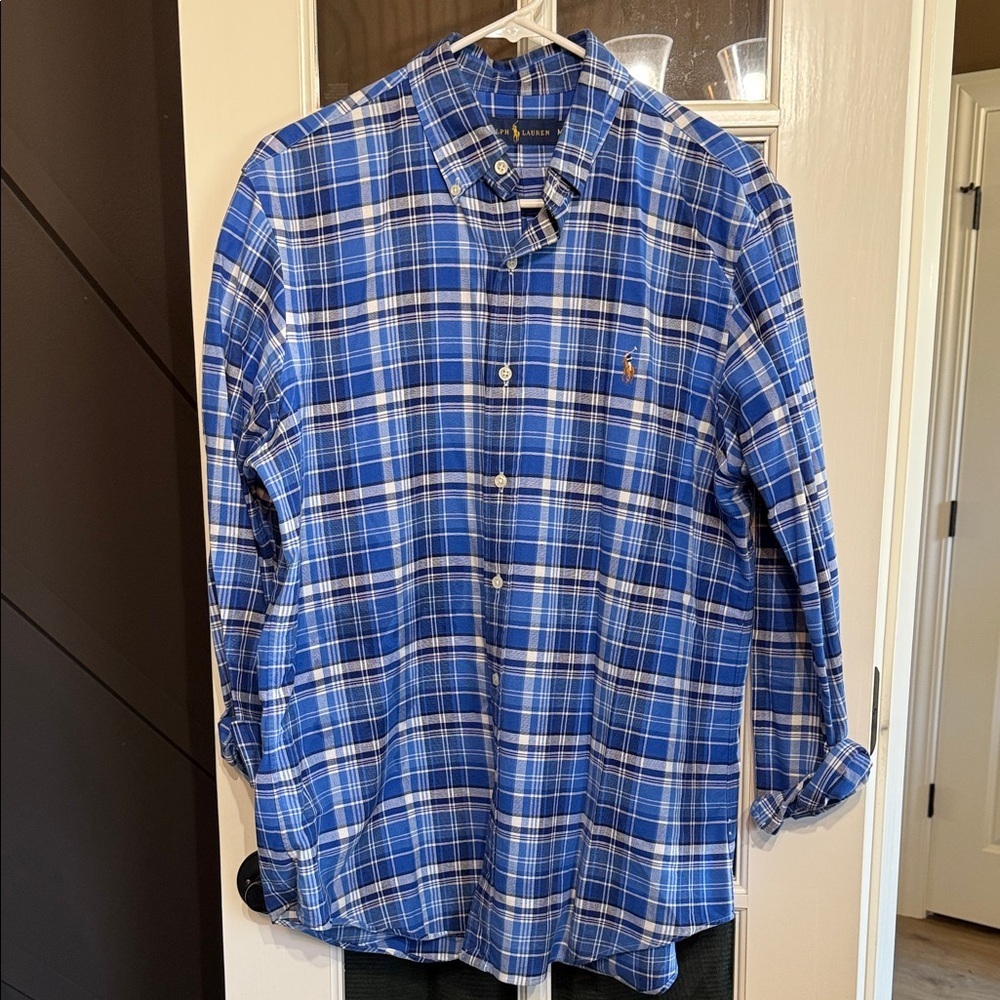 RALPH LAUREN Blue Plaid 100% Cotton Button-Down Collar Shirt Size Medium